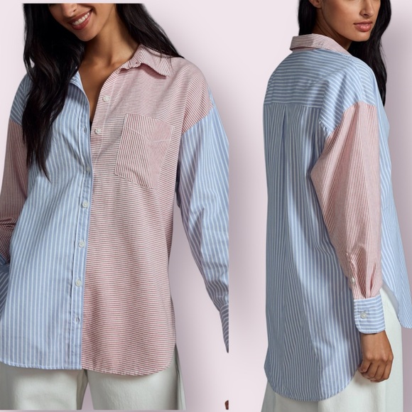 Anthropologie Maeve Bennett Button Down Top Mixed Stripes Oversized XXS Red Blue - Picture 1 of 15